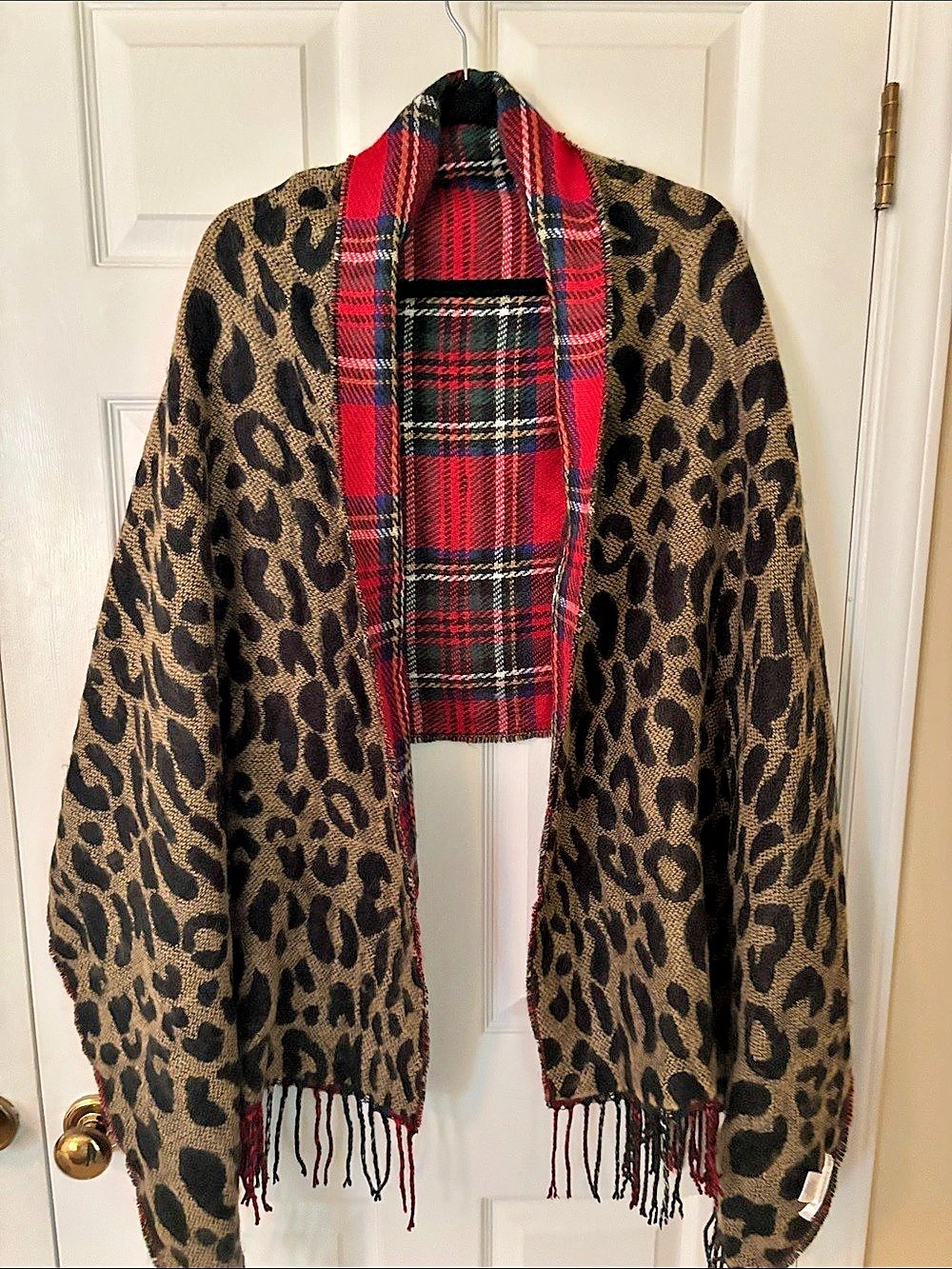 2 Chic Red Plaid and Leopard Print Wrap Scarf Leopard Print Wrap Scarf Brown &
